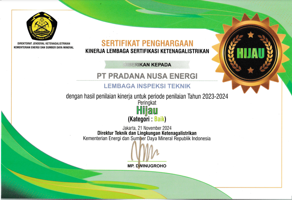 Sertifikat Penilaian Pradana Nusa Energi 2024 - 2025