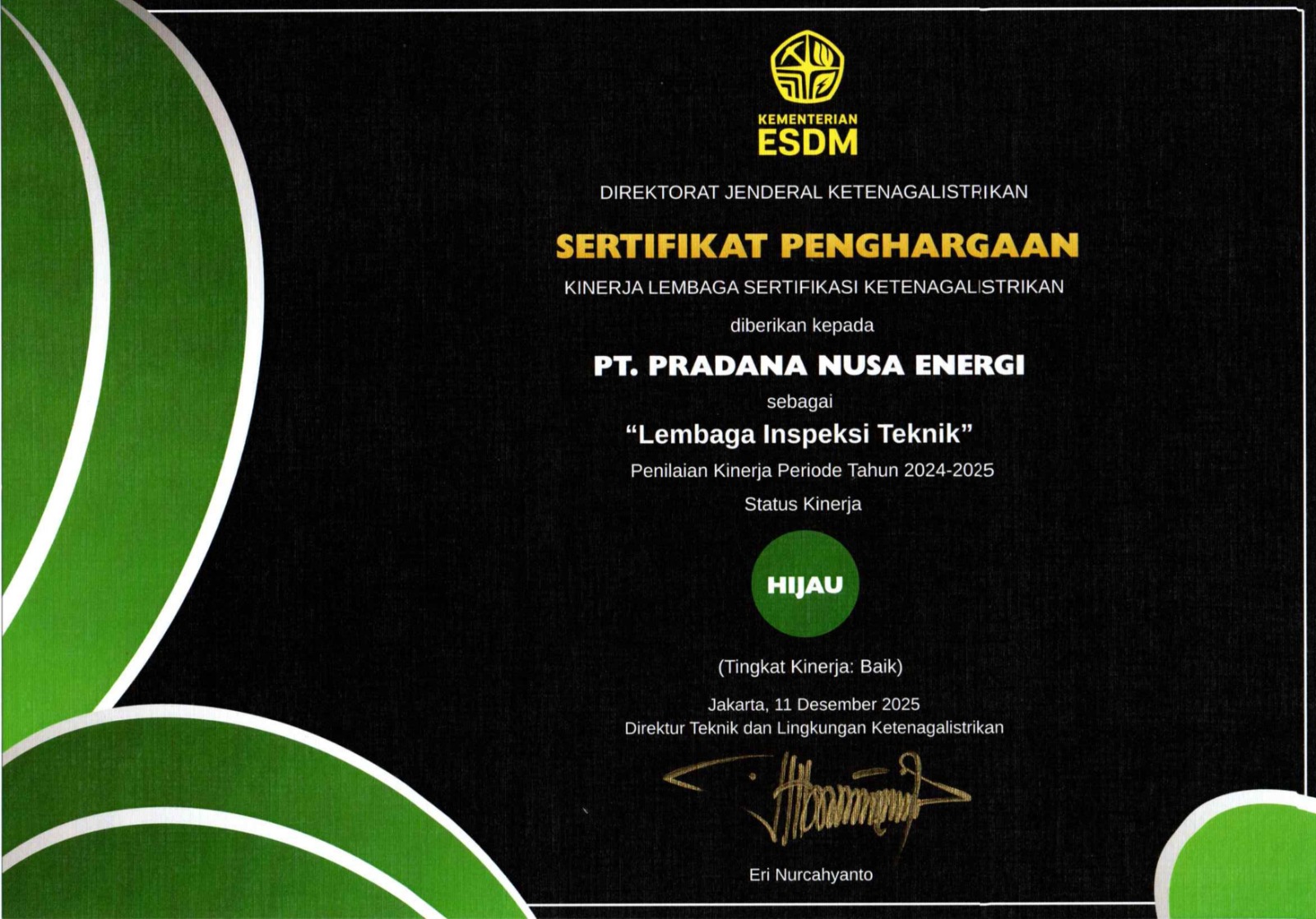 Sertifikat Penilaian Pradana Nusa Energi 2025 - 2026